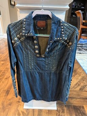 American Darling Tunic with Conchos Studded Denim Western Shirt - Dark Blue